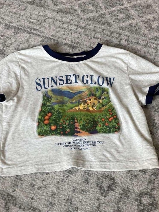 Dazy Tops - Sunset Glow Graphic Ringer Tee - White with Navy Trim